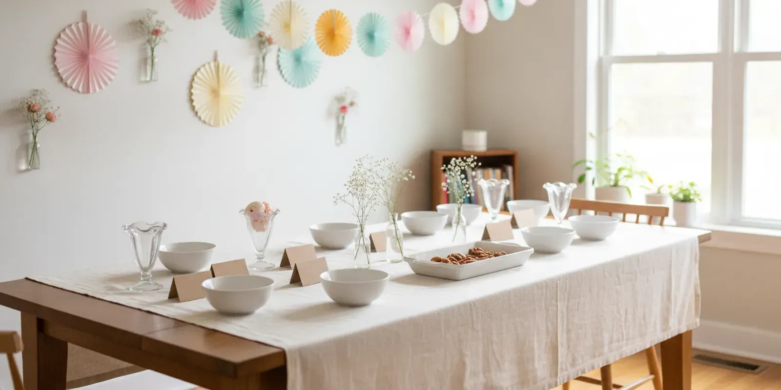 Pastel ice cream party table with playful paper decorations and clearly labeled dessert dishes
