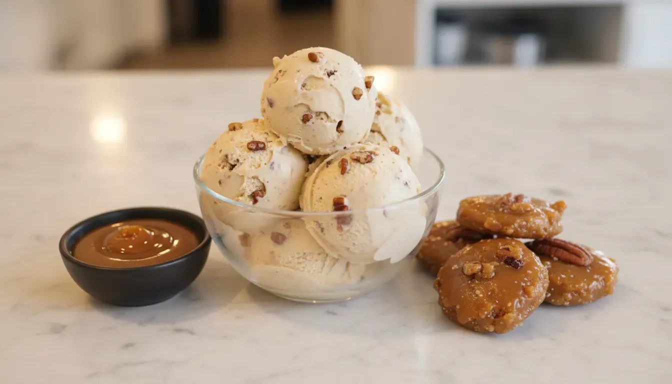 Butter pecan ice cream in a glass dish next to southern pralines and caramel sauce