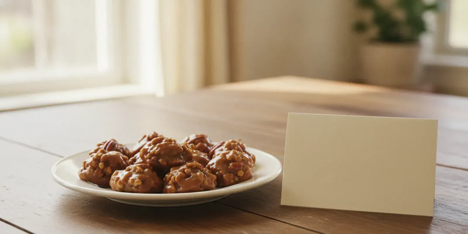 A small selection of pralines arranged on a simple plate beside a handwritten thank-you note