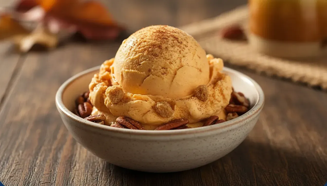 Pumpkin pie ice cream with pie crumbs and toasted pecans