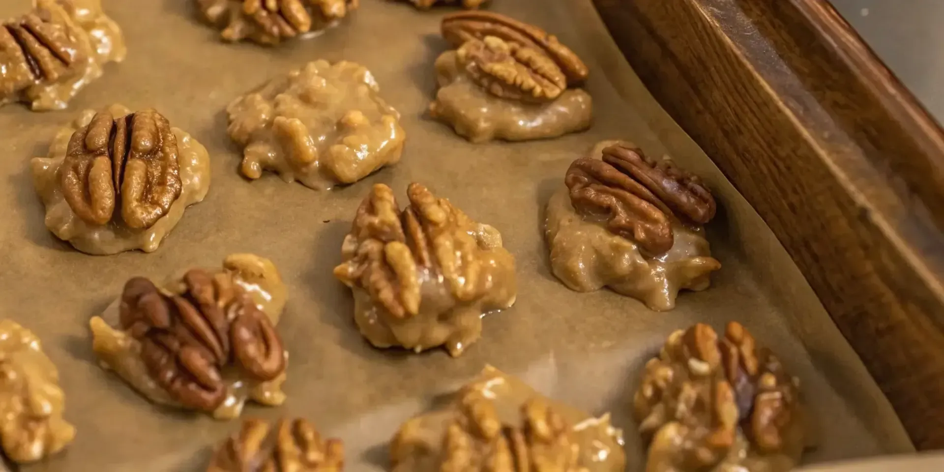 Freshly made Southern pecan pralines cooling on parchment paper