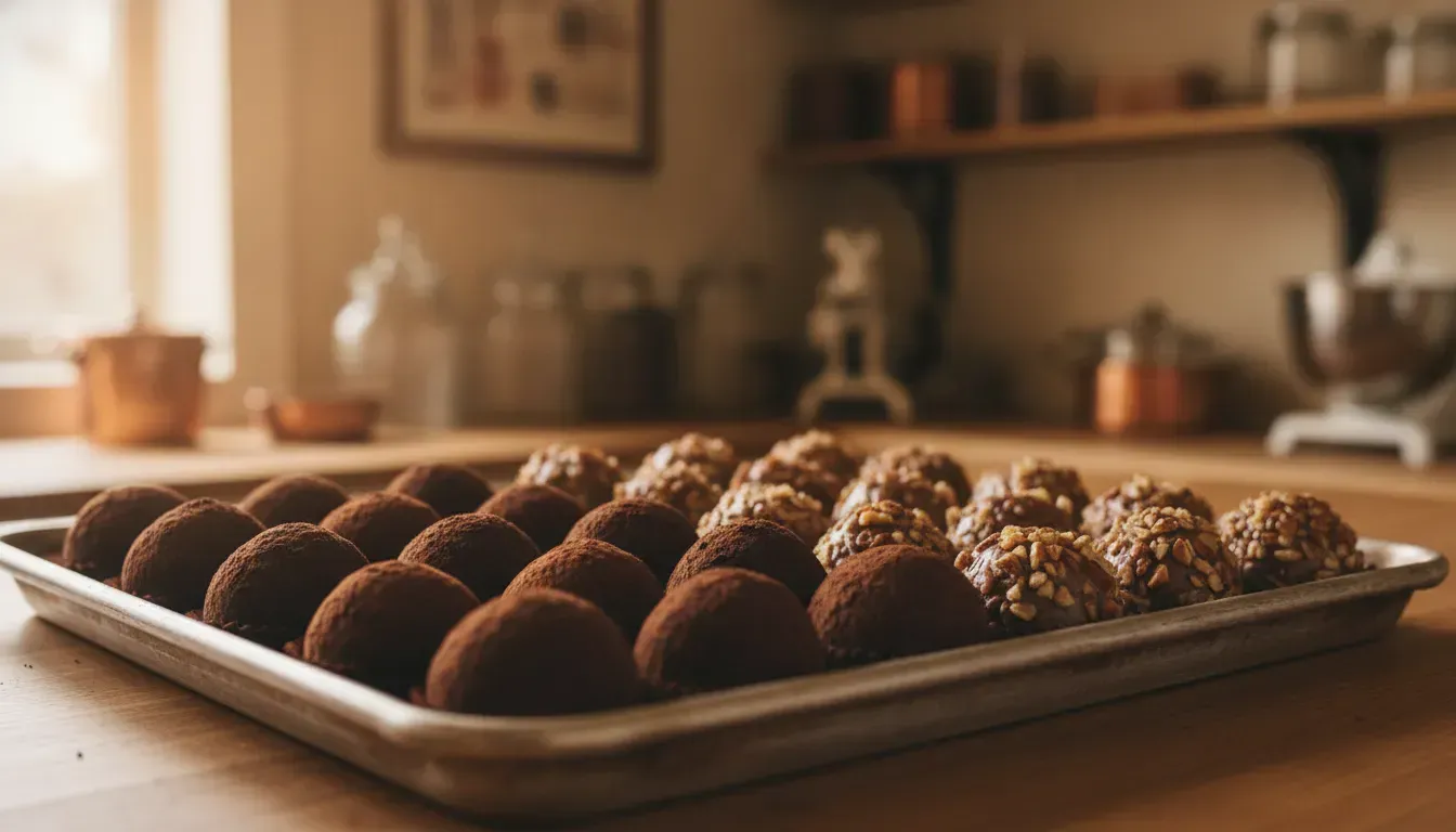 Assorted chocolate truffles dusted with cocoa and rolled in pecans on a serving tray in a cozy candy