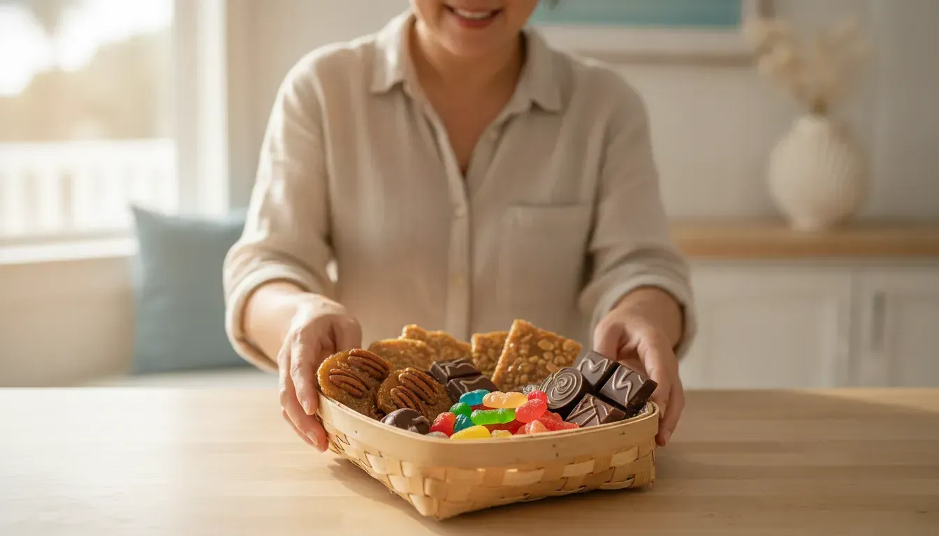 Vacation rental welcome basket with Southern sweets and chocolates