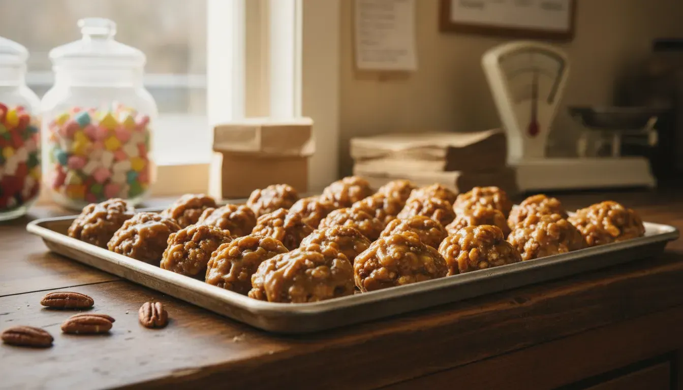 Freshly made southern pecan pralines cooling on a candy shop counter