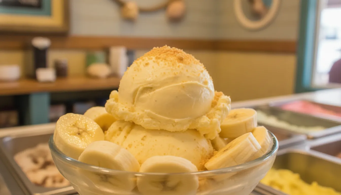 Banana pudding ice cream in a welcoming Pecan Jacks shop
