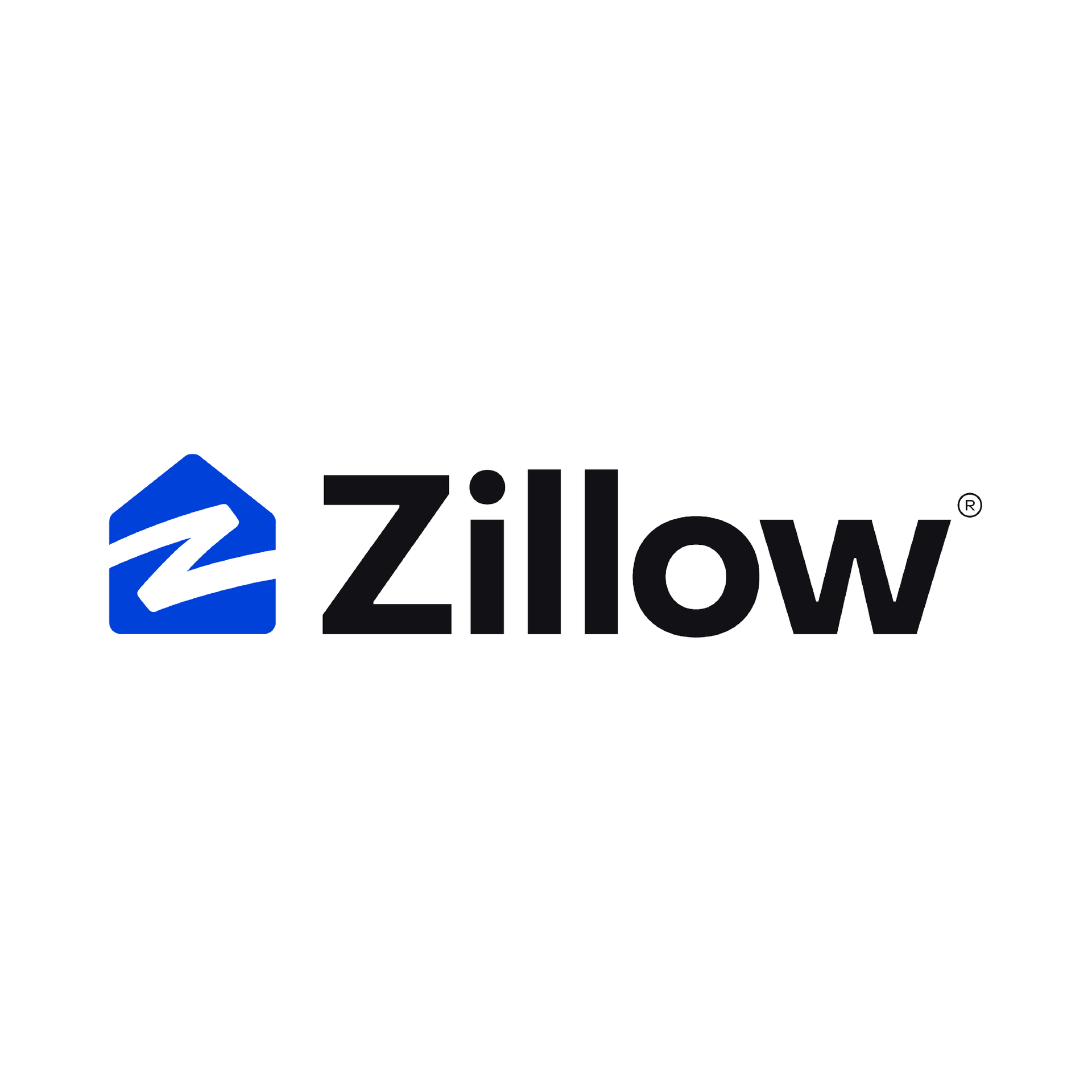 Zillow logo: Blue house icon with white wave, black text "Zillow".