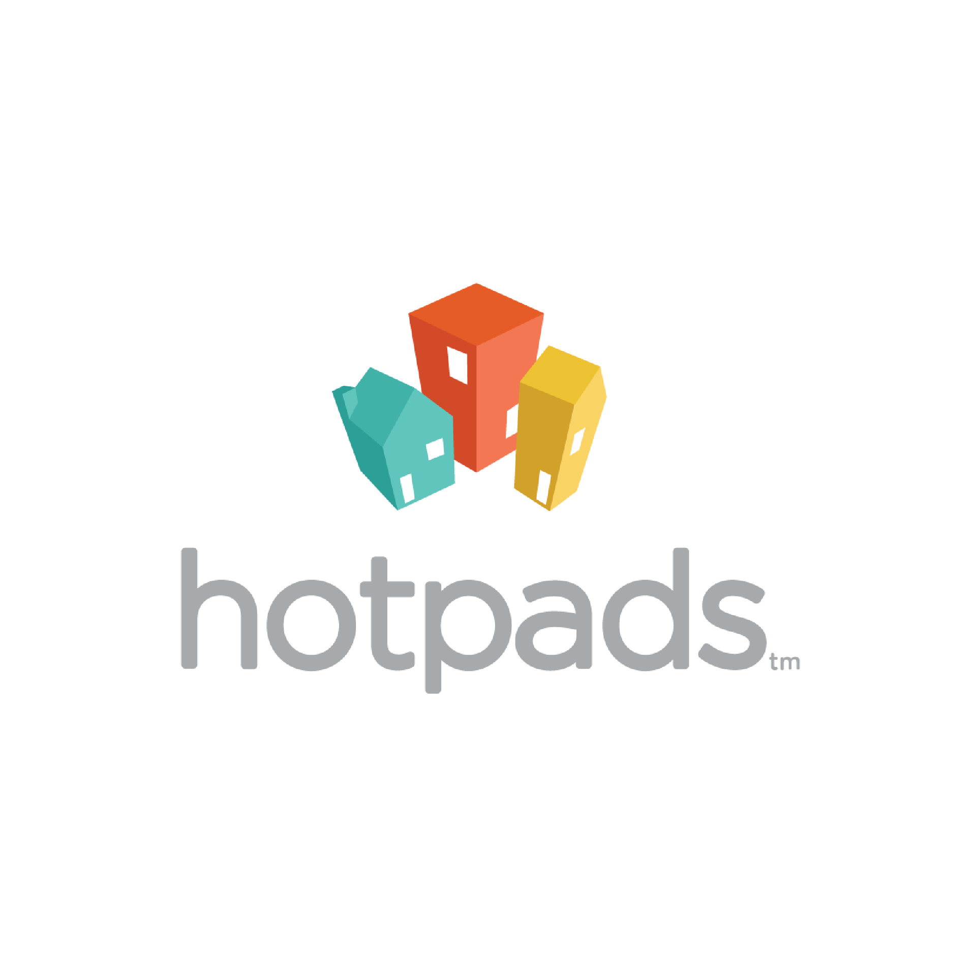 Logo for hotpads: Three stylized buildings in orange, teal, and yellow above the word "hotpads" in gray.