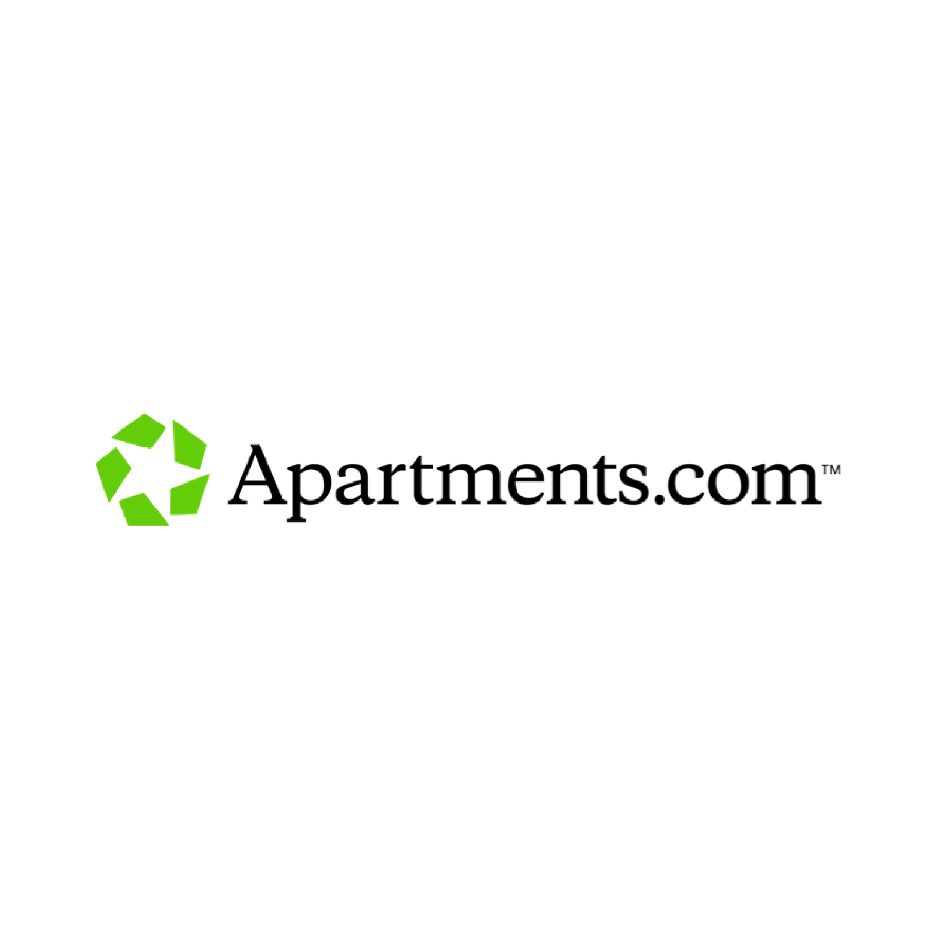 Apartments.com logo with green geometric shape and black text.