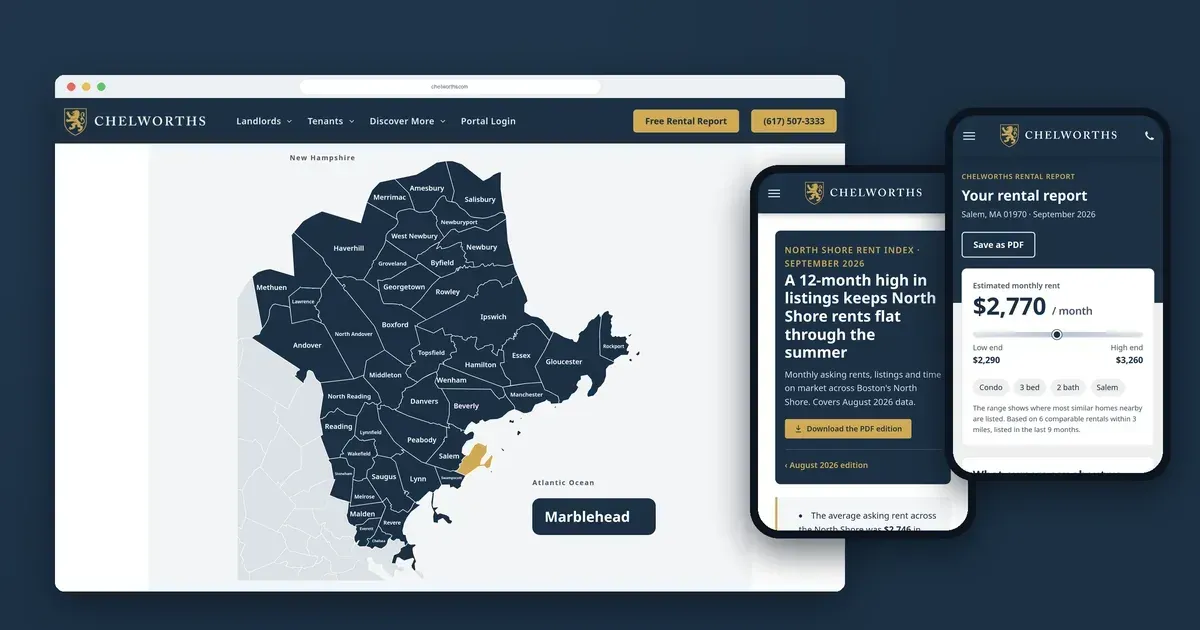 The new Chelworths website on a laptop and two phones, showing the North Shore town map, the North Shore Rent Index and a rental report