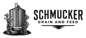 Logo for Schmucker Grain and Feed, featuring a silo with corn stalks and text.