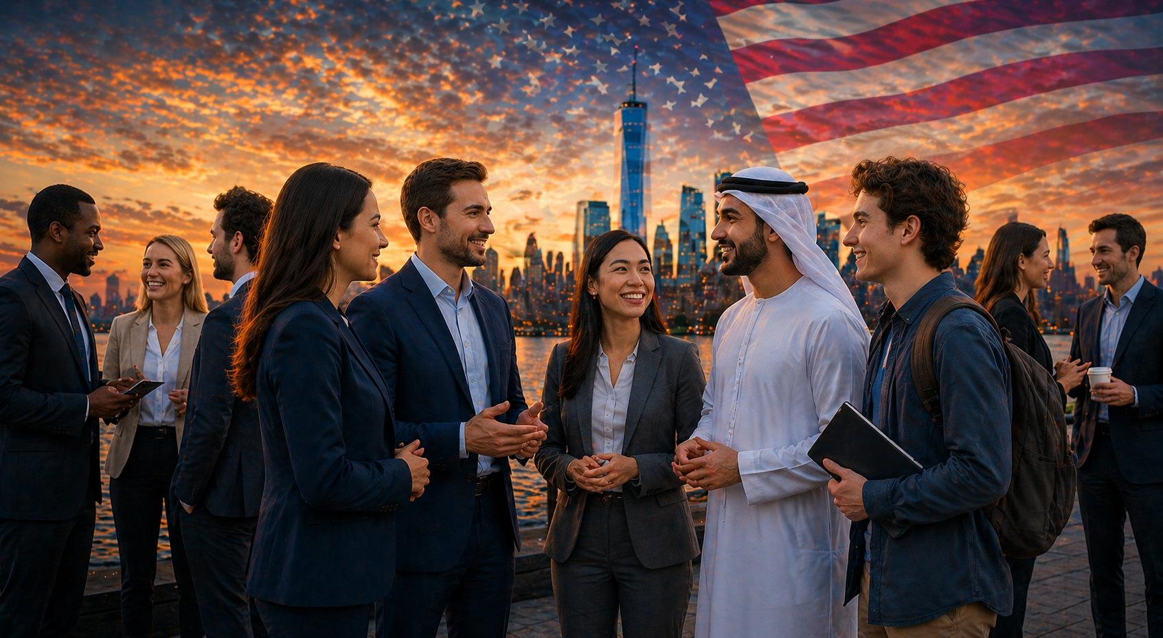 International entrepreneurs networking in front of the New York City skyline