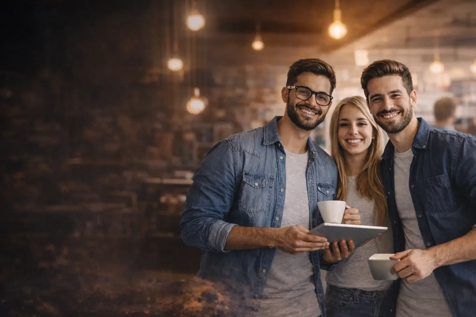Three prospective franchise buyers reviewing documents together on a tablet at a cafe