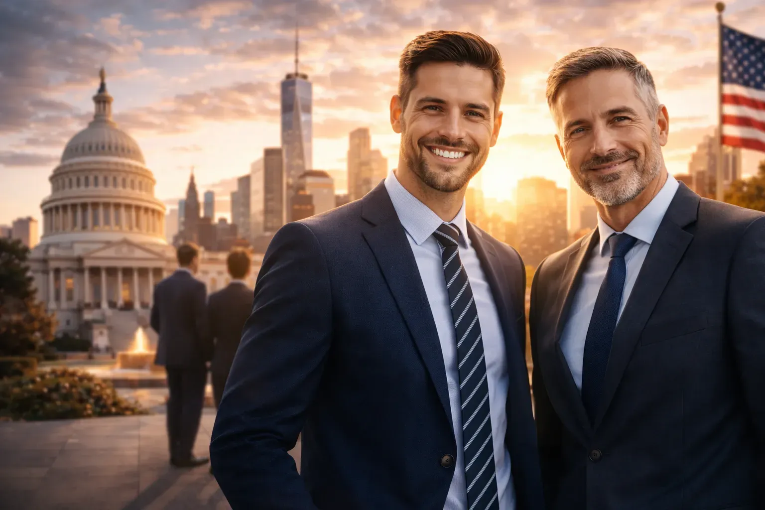 Two international investors near the U.S. Capitol, choosing between E-2 and EB-5