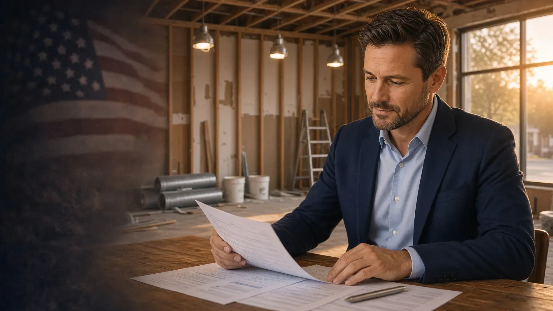 Entrepreneur reviewing business plan documents inside an unfinished storefront buildout