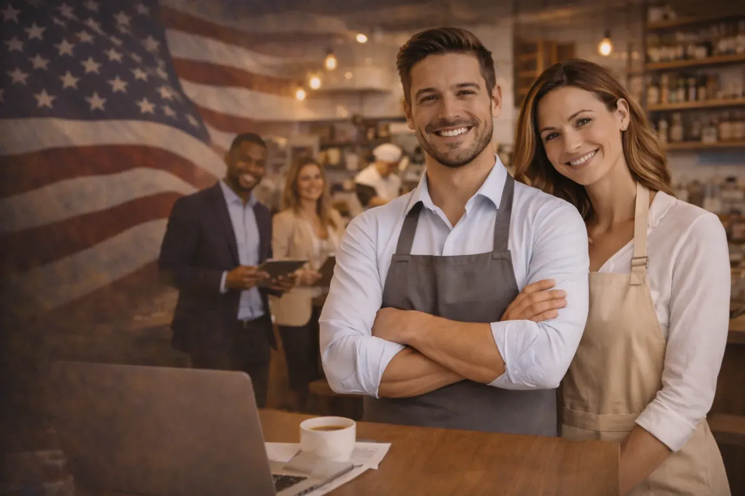 Smiling co-founders standing confidently together in their newly opened U.S. business