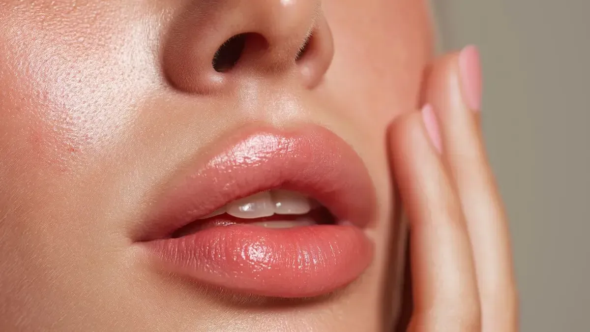 Close-up of a person's face; full, glossy lips and cheek, skin is illuminated, finger touching the cheek.
