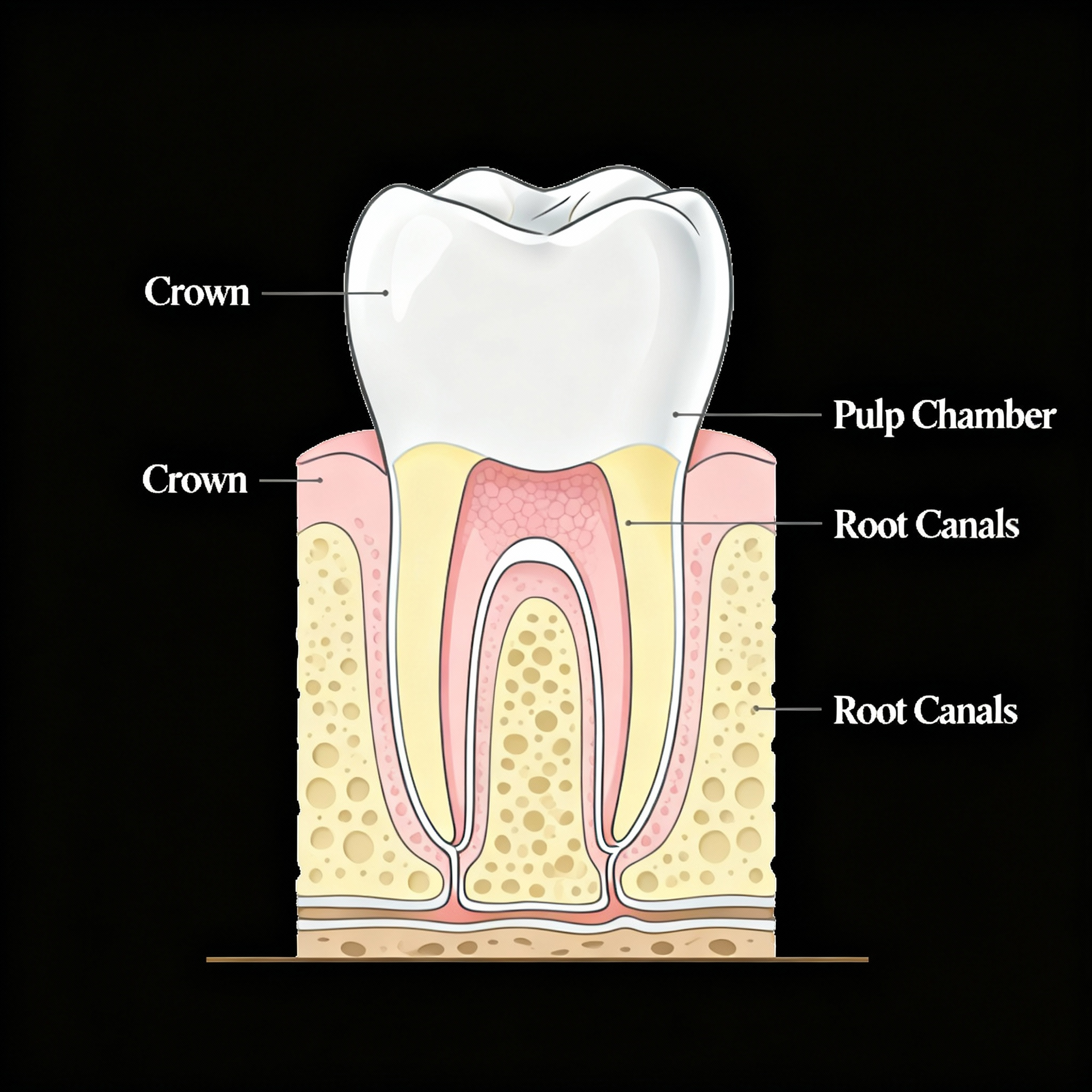 Cross-section of a tooth showing the crown, pulp chamber, and root canals within the gums and bone.