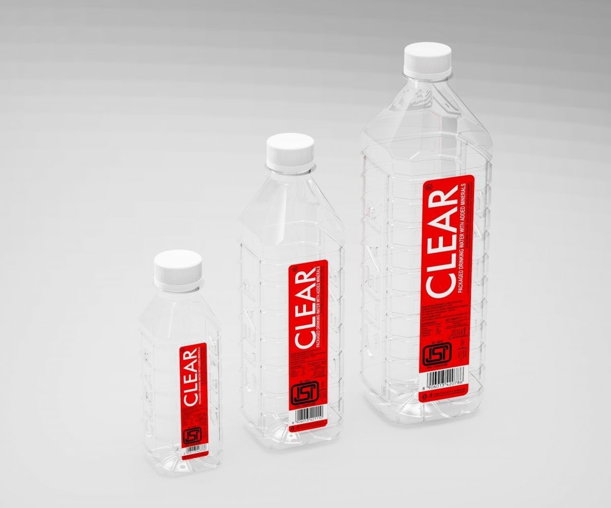 Three clear water bottles of varying sizes with red 