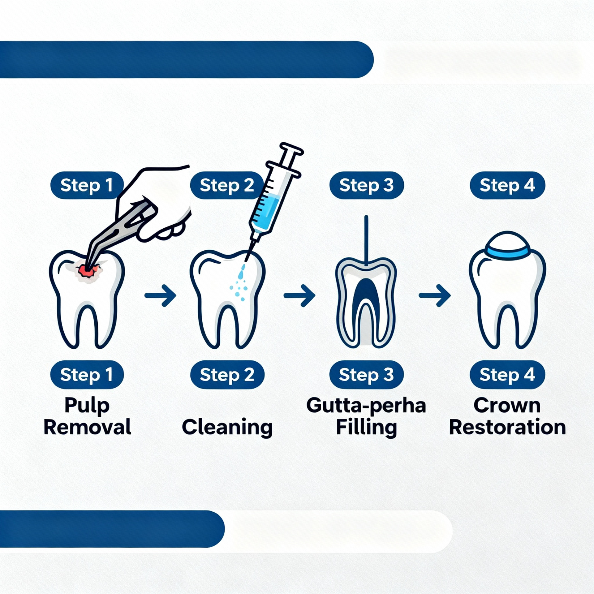 Steps of a root canal: pulp removal, cleaning, gutta-percha filling, and crown restoration.