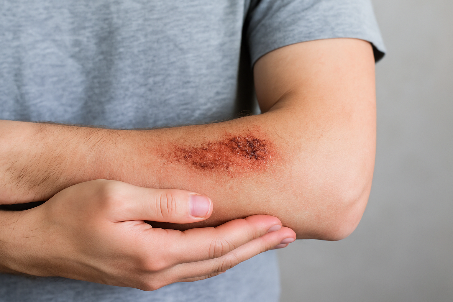 A man is holding his arm with a rash on it.