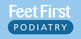 A logo for feet first podiatry on a blue background