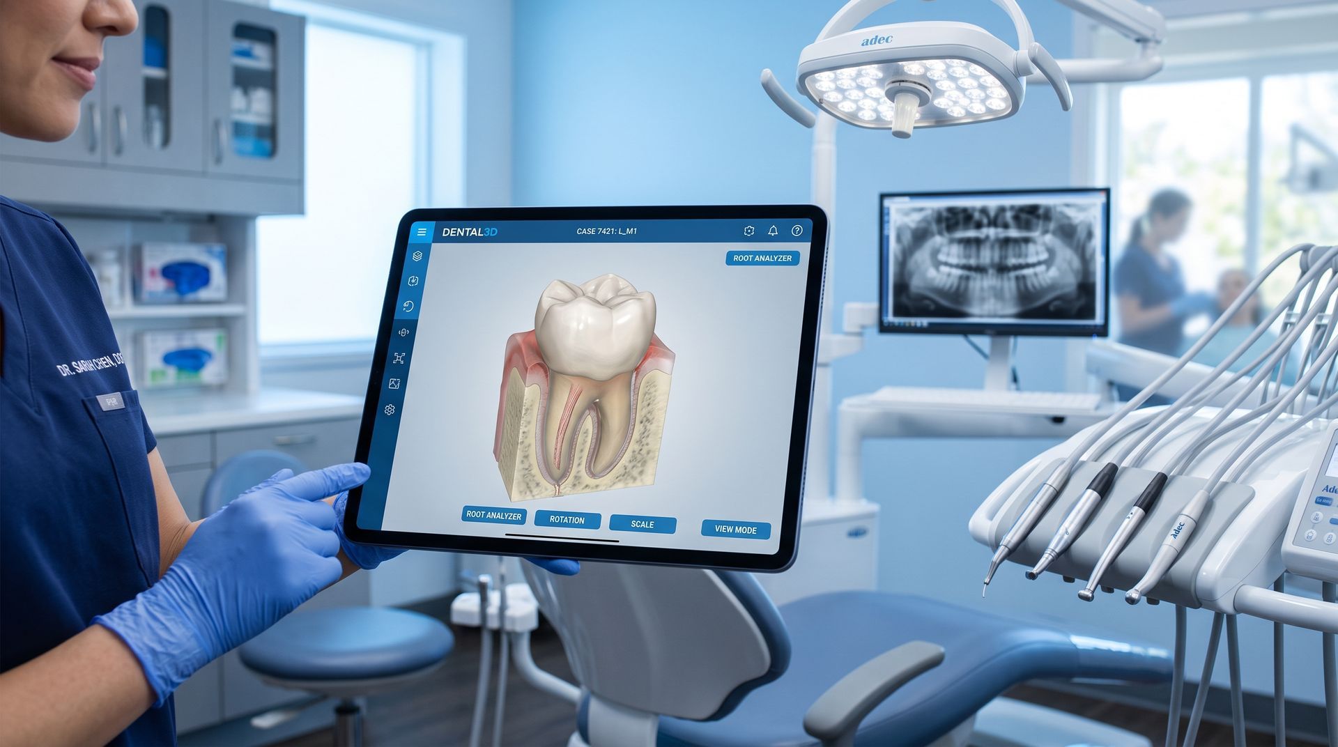 Dentist reviewing a tooth scan on a monitor in a modern dental clinic with treatment tools nearby