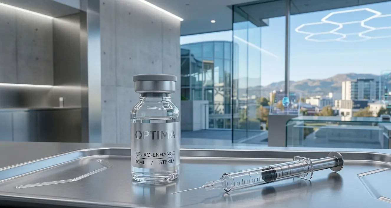 A glass medical vial and syringe rest on a metal tray in a modern, sunlit laboratory overlooking a city.