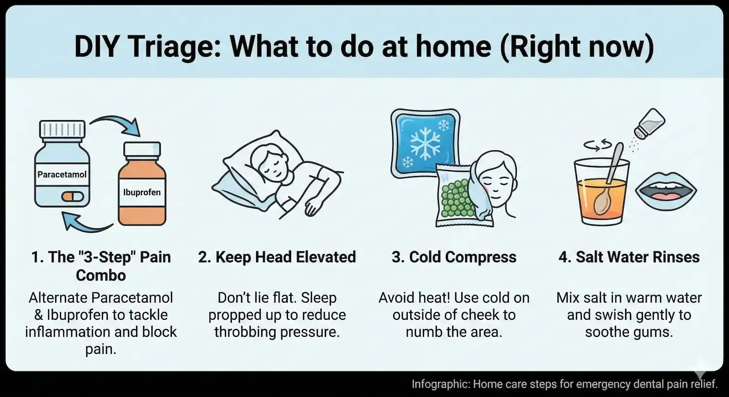 DIY triage guide: pain combo, head elevation, cold compress, and salt water rinse suggestions.