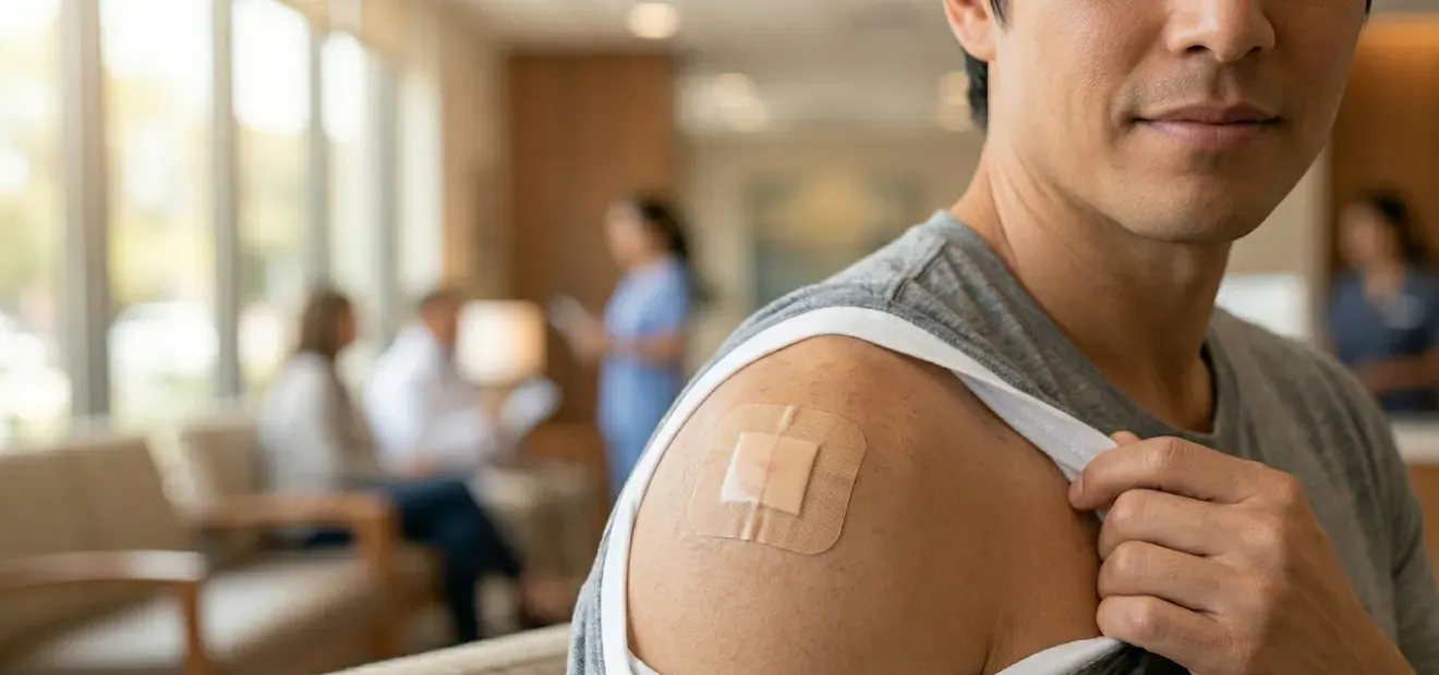 Person in a café lifting shirt sleeve to show a bandage on the shoulder