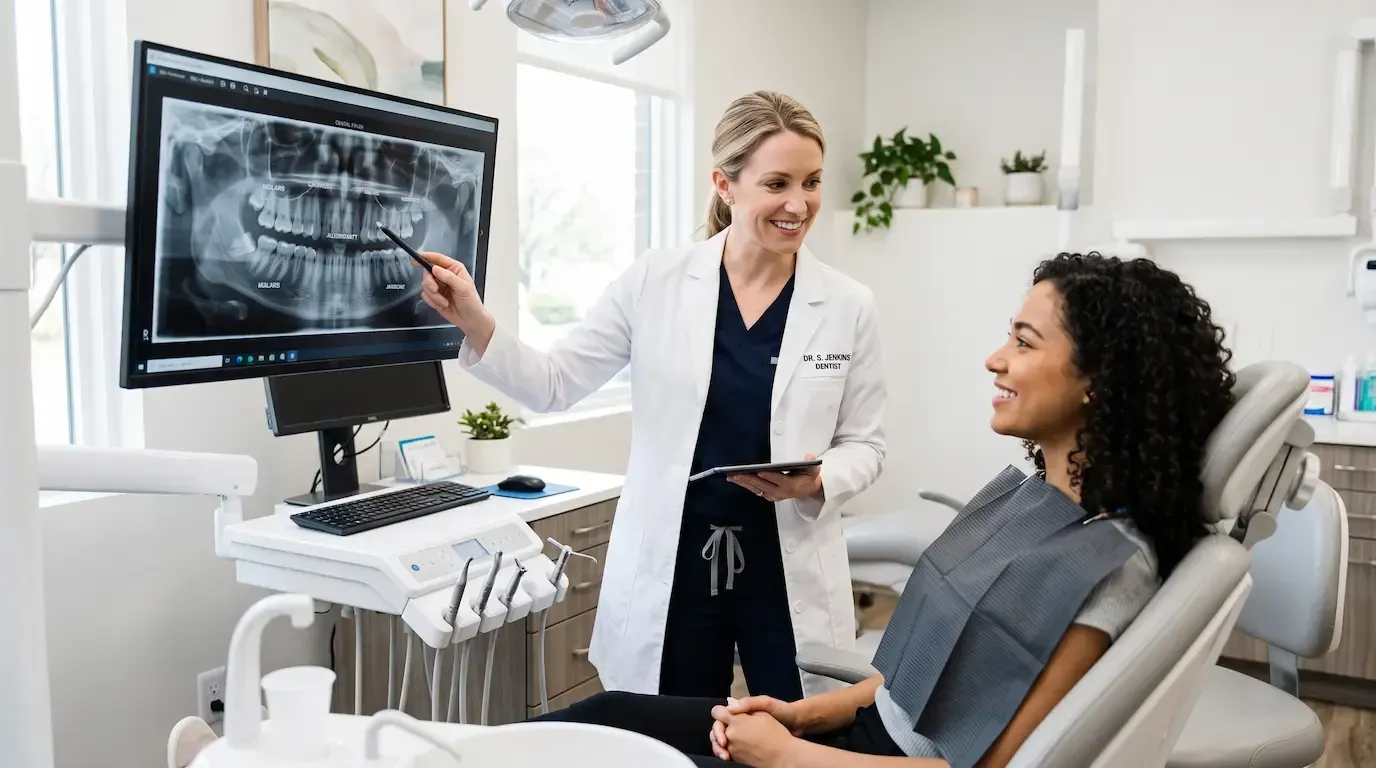 Dentist showing X-ray on monitor to patient in a bright clinic room