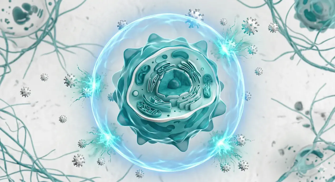 A 3D illustration of a cell protected by a glowing blue shield, surrounded by small particles in a neutral environment.
