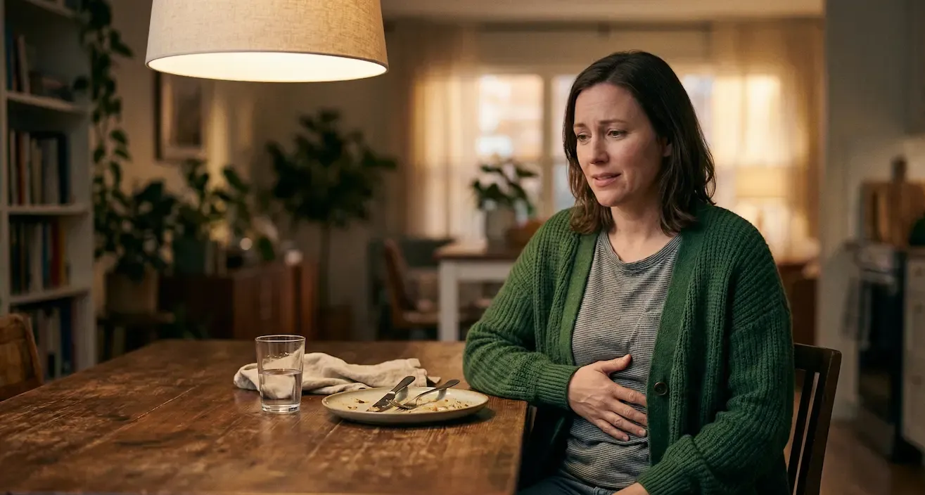 A person wearing a green cardigan sits at a wooden table, hand on their stomach with a pained expression.