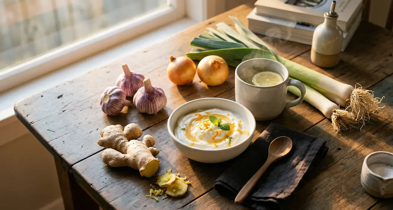 A bowl of soup with ginger, garlic, onions, and leeks on a rustic wooden table next to a mug and a dark napkin.