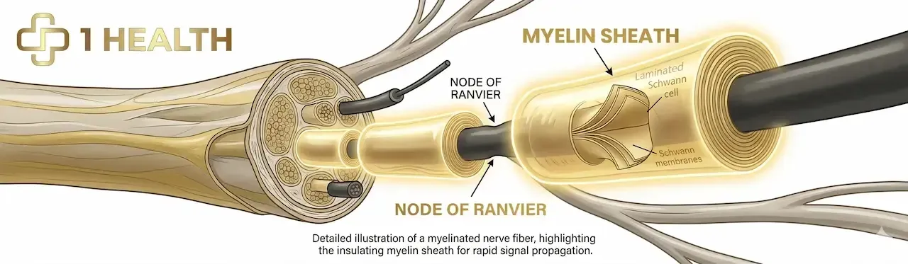 Annotated illustration of a myelinated nerve fiber showing myelin sheath, Schwann cell, and node of Ranvier