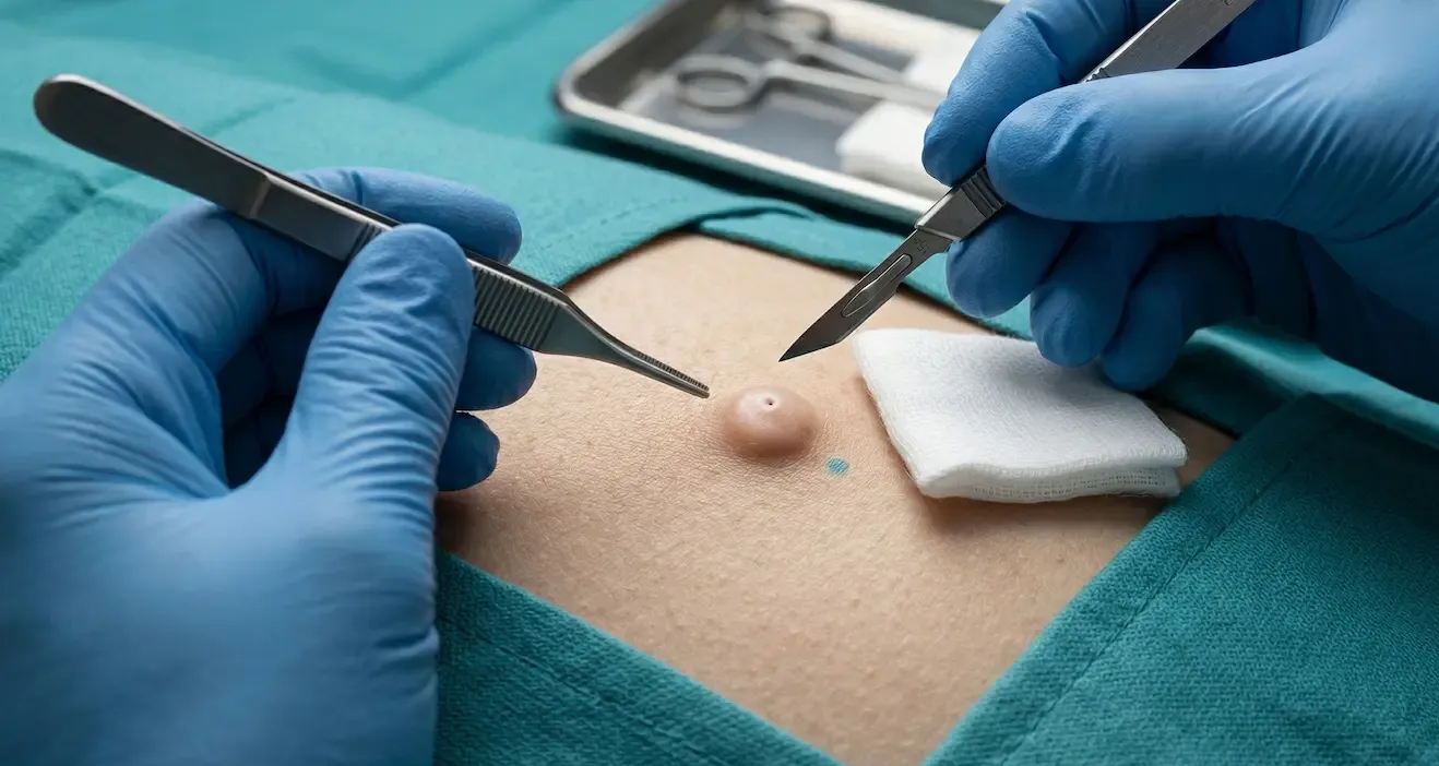 Gloved hands perform a minor skin procedure with tweezers and scalpel on a patient’s abdomen