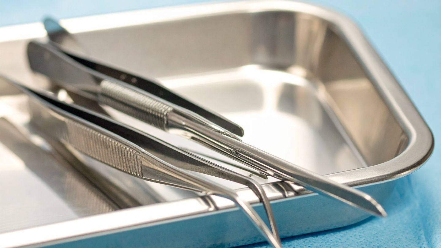 Medical instruments in a stainless steel tray on a blue surface.