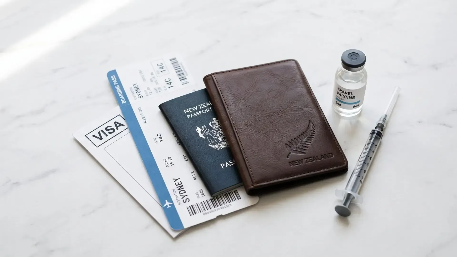 Passport, boarding pass, wallet, currency, syringe, and small vial on a white surface.