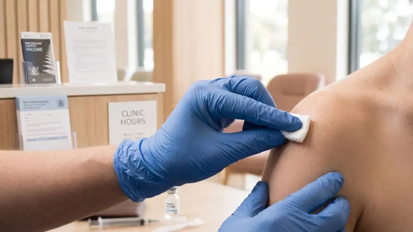 Gloved hands gently applying a medical injection to a patient’s upper arm in a clinic setting