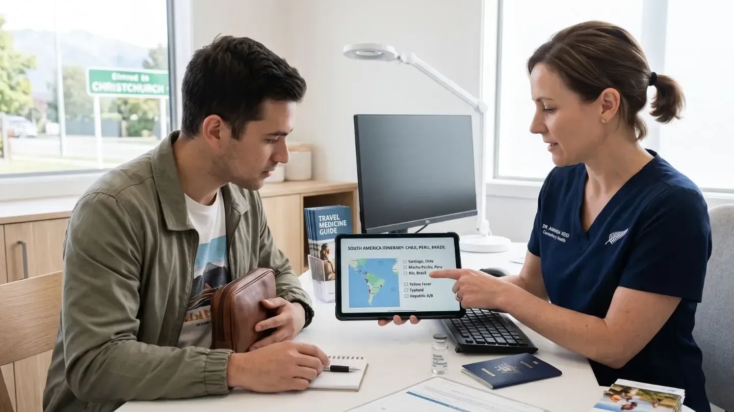 Healthcare worker showing a tablet to a seated patient in a clinic office