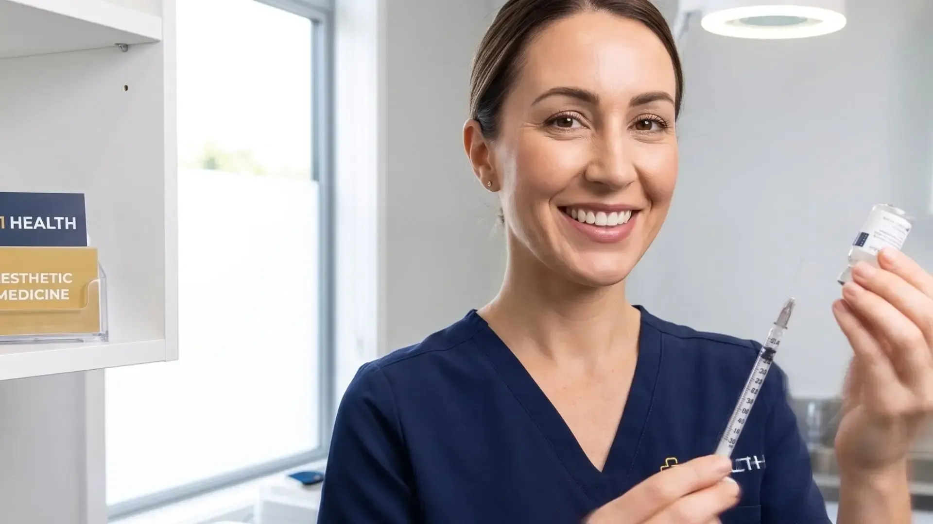 Woman receiving facial treatment; gloved hand points to cheek. Beige background.