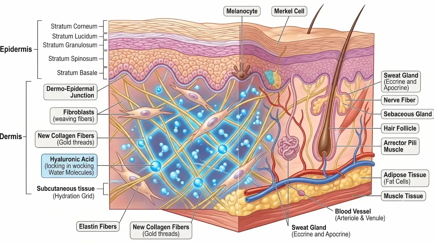 Labeled cross-section of skin showing epidermis, dermis, nerves, blood vessels, and hair follicles.