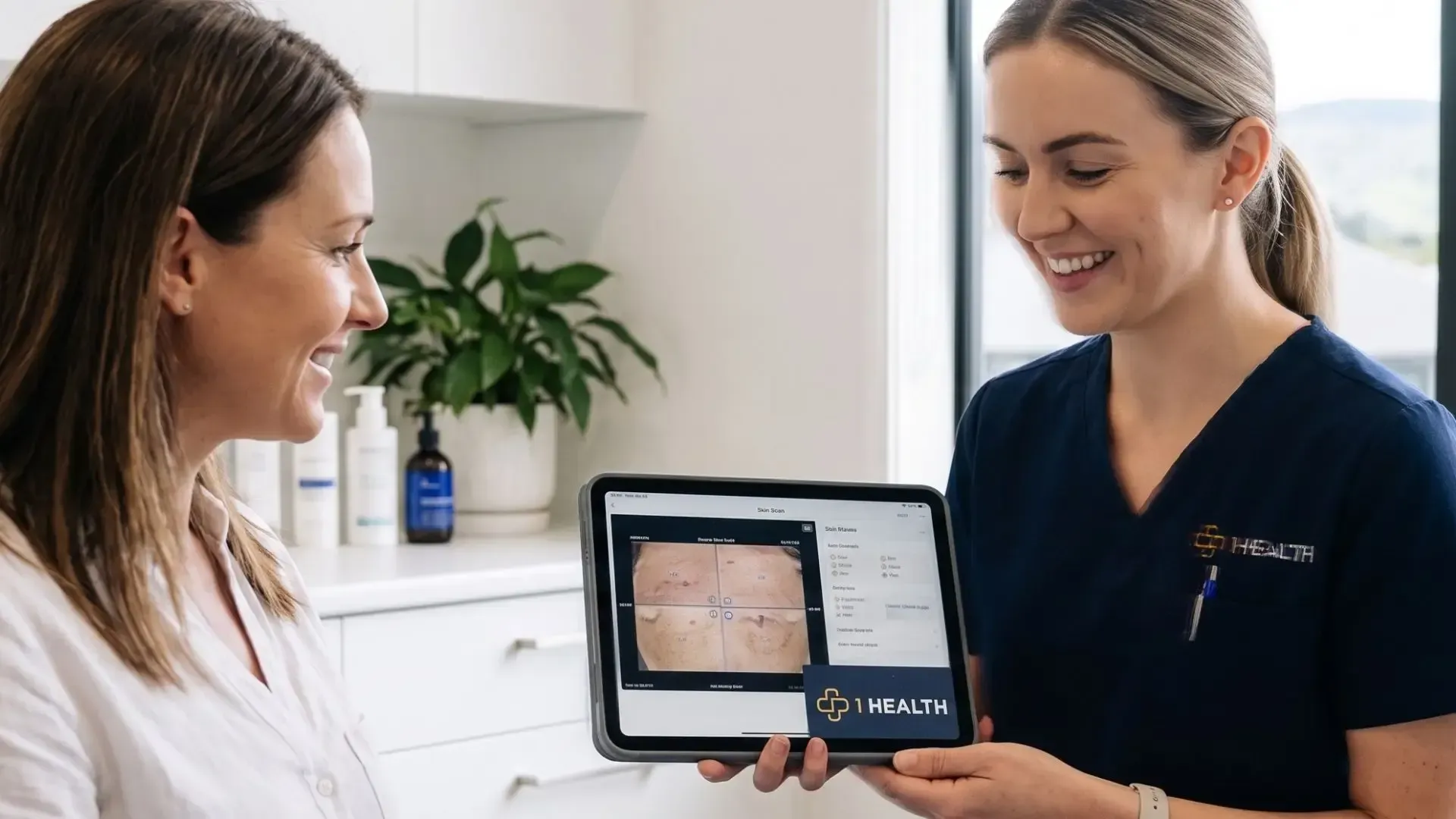 Dental clinician showing a patient an X-ray on a tablet in a bright clinic