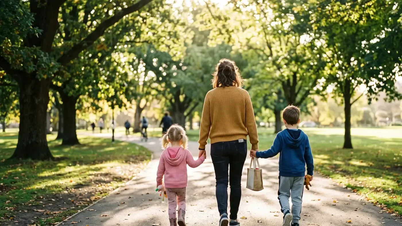 Three people walking hand in hand along a sunlit park path with trees on both sides