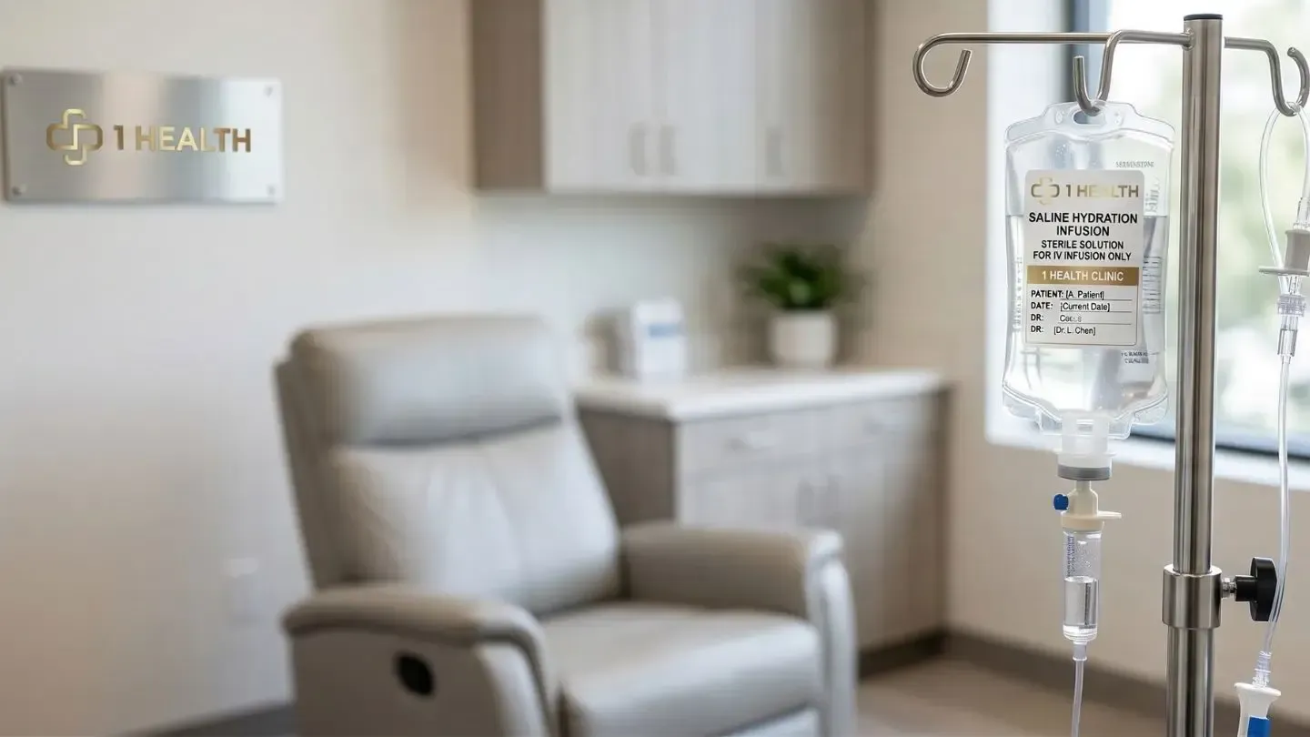 IV drip stand in a bright clinic room with a gray recliner and cabinet in the background