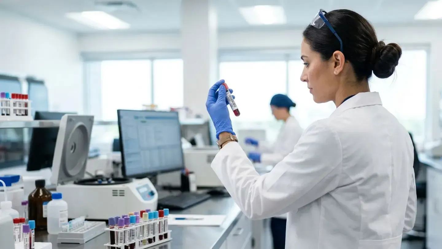 Scientist in a lab coat analyzing a sample vial in a bright laboratory
