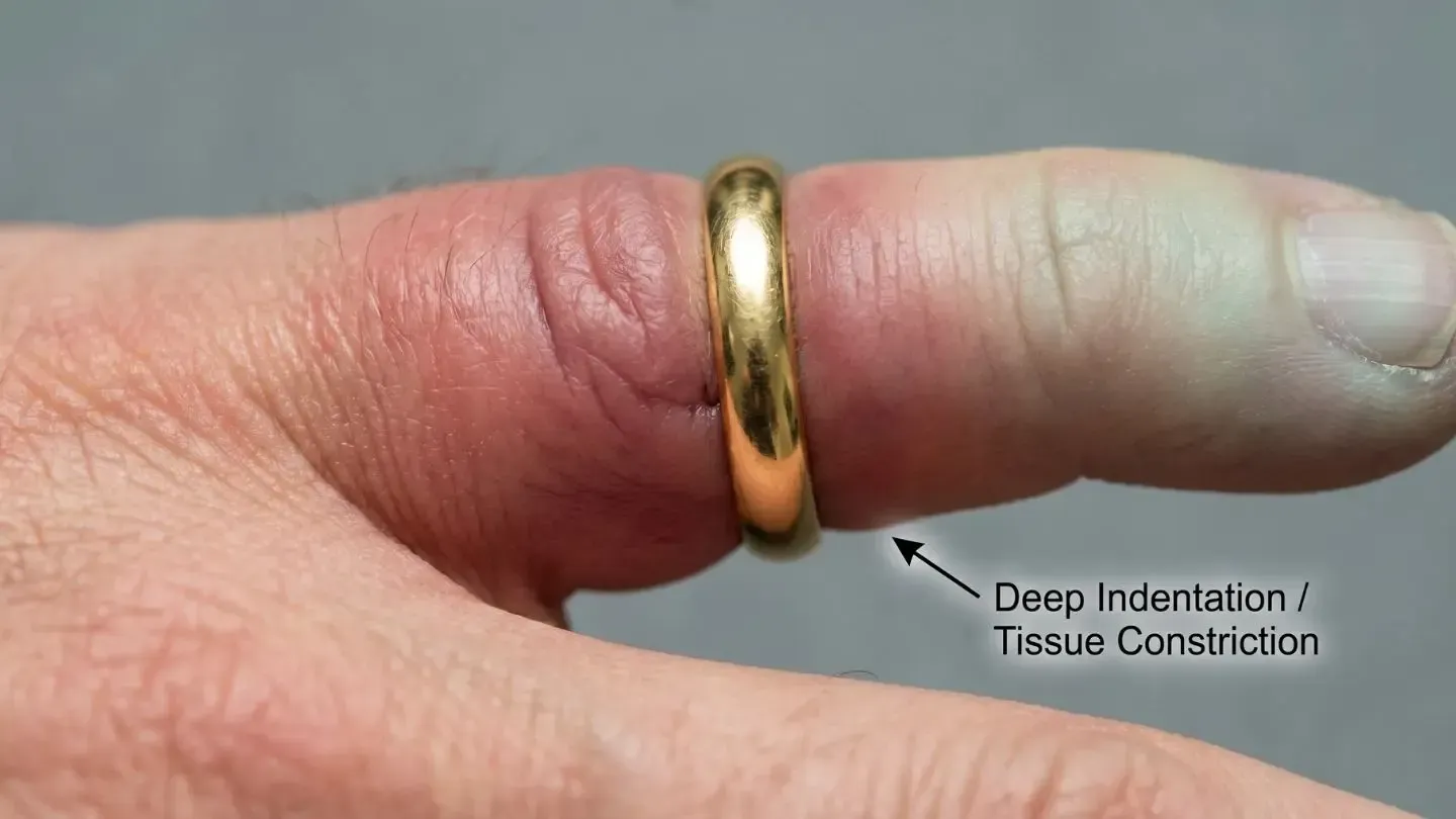 Finger constricted by a gold ring, causing deep indentation and tissue constriction.