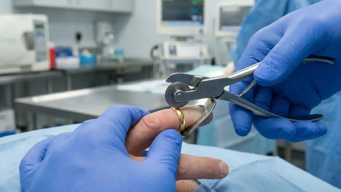 Veterinarian clipping a dog’s nails with blue-gloved hands in a clinical setting