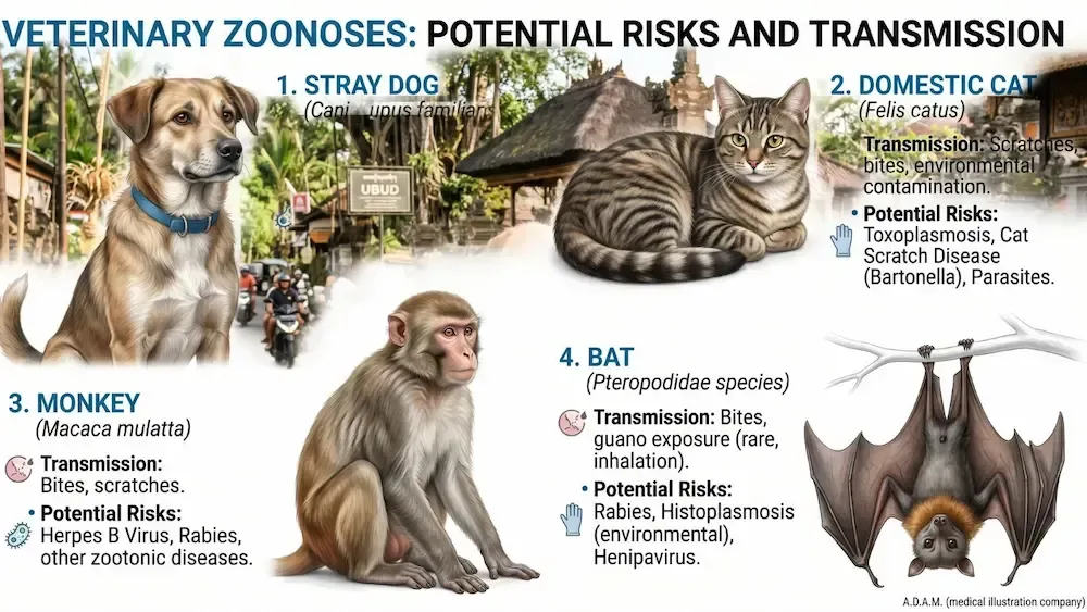 Poster on veterinary zoonoses showing dog, domestic cat, monkey, and bat with disease transmission notes
