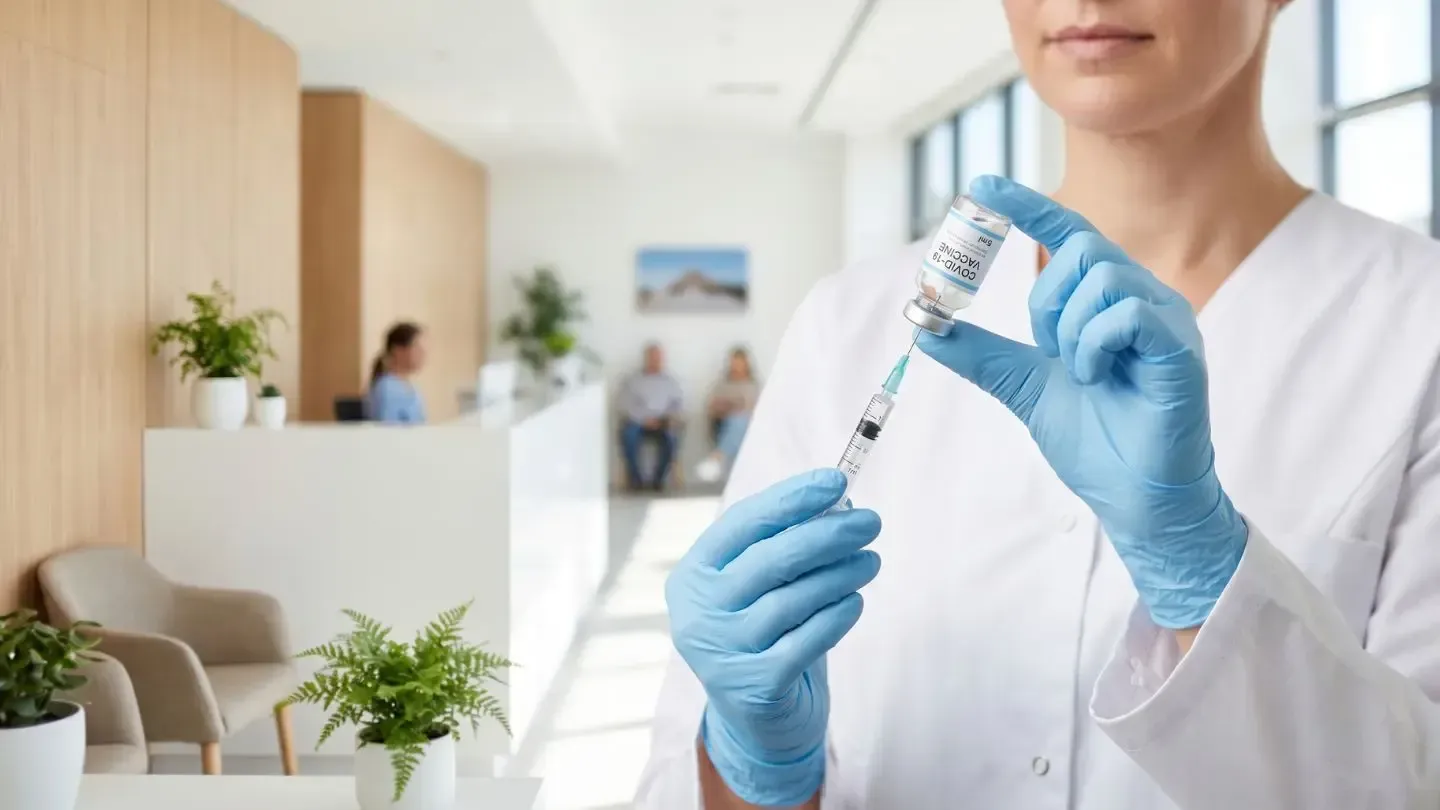 Healthcare worker drawing vaccine into syringe in a bright clinic waiting area