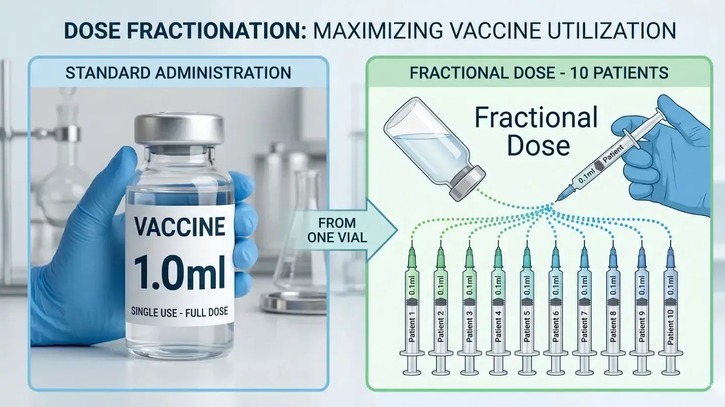 Infographic comparing standard vaccine vial dosing with fractional doses from one vial to 10 patients